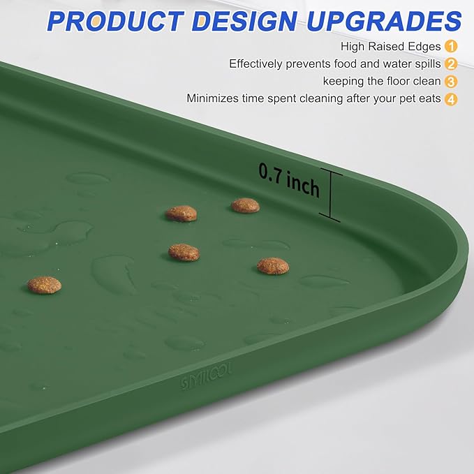 SMILOOL Silicone Pet Feeding Mat with Raised Edge for Food and Water, Dog Bowl Mats, Cat Bowls Placemat with High Lip for Floor Waterproof, Rubber Tray for Cats and Dogs 19 x 12 x0.7 Dark Olive