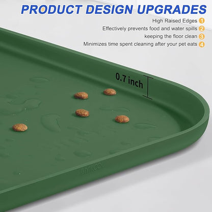 SMILOOL Silicone Pet Feeding Mat with Raised Edge for Food and Water, Dog Bowl Mats, Cat Bowls Placemat with High Lip for Floor Waterproof, Rubber Tray for Cats and Dogs 19 x 12 x0.7 Dark Olive