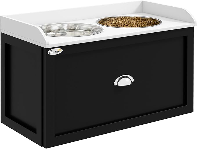 PawHut Dog Feeding Station with Storage Drawer, Elevated Dog Bowls for Large Dogs, White and Black