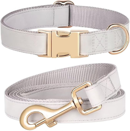PET ARTIST Soft PU Leather Dog Collar and Leash Set, Bright & Stylish 5FT PU Leather Leash and Collar Set, Durable Pet Collars with Quick Release Metal Buckle for Medium Dogs,Gray,M(13-19")