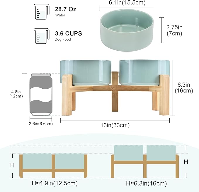 SPUNKYJUNKY Elevated Dog Bowls Ceramic, 6.1'' Dogs and Cat Food Water Bowls Raised with Non-Slip Bamboo Stand for Medium Sized Breed Microwave Dishwasher Safe - 28.7 OZ,Light Green
