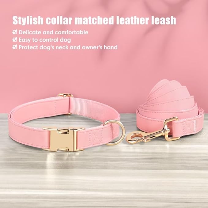PET ARTIST Soft PU Leather Dog Collar and Leash Set, Bright & Stylish 5FT PU Leather Leash and Collar Set, Durable Pet Collars with Quick Release Metal Buckle for Large Dogs,Pink,L(16-27")