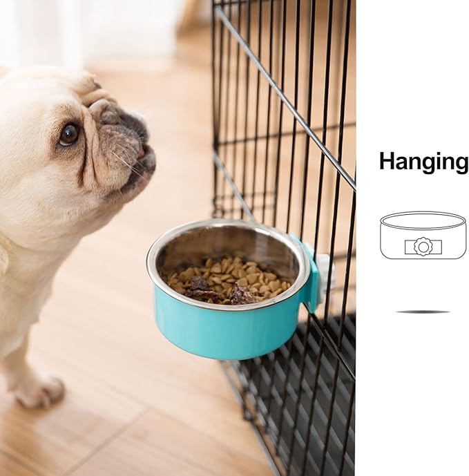 Mechpia 2 Pieces Crate Dog Bowl, Removable Stainless Steel Pet Kennel Hanging Food Water Feeder Bowl Cage Coop Cup for Puppy Medium Dog Cat Rabbit Ferret Bird (Blue,Red)