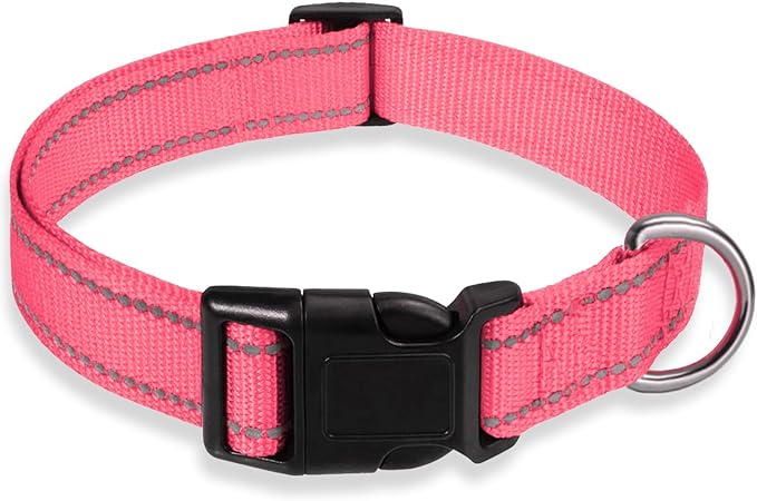 Reflective Dog Collar with Buckle Adjustable Safety Nylon Collars for Small Medium Large Dogs, Light Pink XXS
