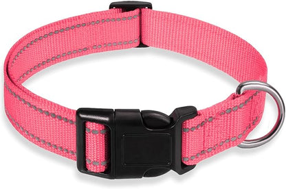 Reflective Dog Collar with Buckle Adjustable Safety Nylon Collars for Small Medium Large Dogs, Light Pink XXS