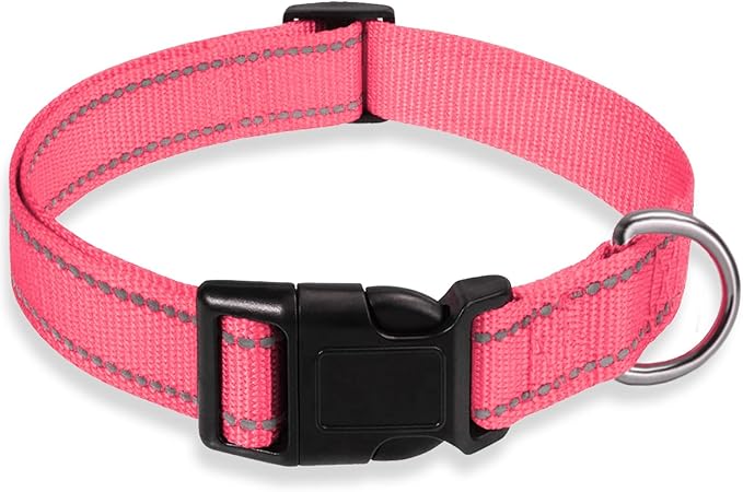 Reflective Dog Collar with Buckle Adjustable Safety Nylon Collars for Small Medium Large Dogs, Light Pink XL