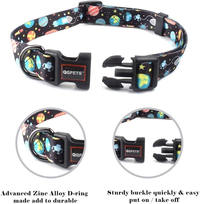 QQPETS Adjustable Soft Dog Collar: Print Flower Pink Multicolor Cute Patterns for XS Small Medium Large Pet Girl Boy Puppy Walking Running Training (XS, Space)