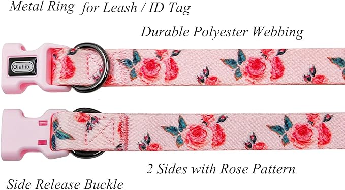 Dog Collar and Leash Set, Cute Rose Pattern, Polyester Material, 5ft Leash, for Large Dogs.(Large,Pink Rose)