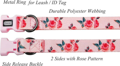 Dog Collar and Leash Set, Cute Rose Pattern, Polyester Material, 5ft Leash, for Medium Dogs.(Medium,Pink Rose)
