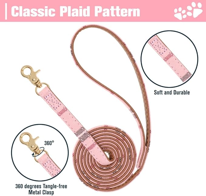EXPAWLORER Dog Collar and Leash Set - Embroidery Pawprints Plaid Dog Collar and Dog Leash Set, Bow Tie and Bandana Dog Collar, Adorable Collar and Leash for Dogs Cats Outdoor Walking, Pink M