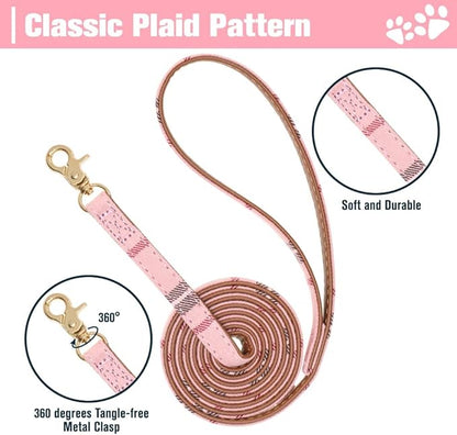 EXPAWLORER Dog Collar and Leash Set - Embroidery Pawprints Plaid Dog Collar and Dog Leash Set, Bow Tie and Bandana Dog Collar, Adorable Collar and Leash for Dogs Cats Outdoor Walking, Pink M