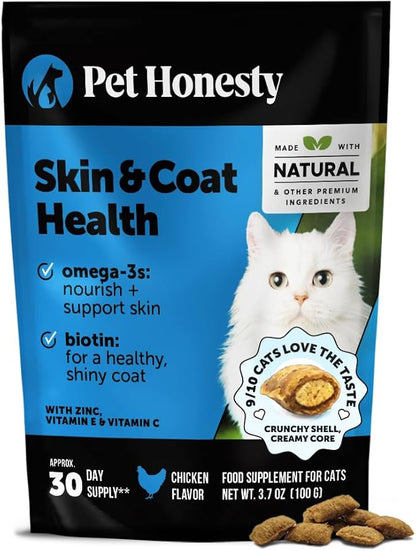 Cat Skin & Coat Health Chews – Crunchy & Creamy Treats with Omegas, Vitamin C & E, Biotin – Soothes Itchy, Dry Skin, Reduces Shedding & Promotes a Shiny Coat – Cat Vitamins (Chicken 30-Day Supply)