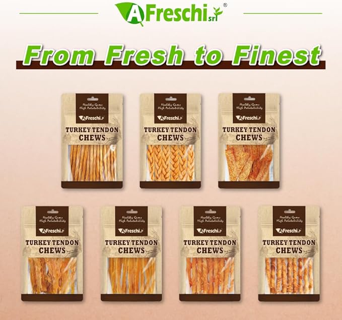 A Freschi srl Turkey Tendons for Dogs, USA-Sourced, Healthy Dog Treats, Rawhide-Free Puppy Chews, All Natural, Hypoallergenic Dog Treats, Thin Sticks, 3.5 oz Pack