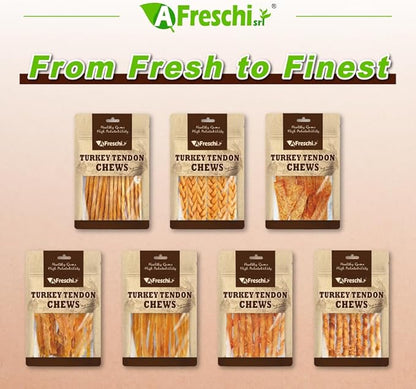 A Freschi srl Turkey Tendons for Dogs, USA-Sourced, Healthy Dog Treats, Rawhide-Free Puppy Chews, All Natural, Hypoallergenic Dog Treats, Soft Strips with Pumpkin, 3.5 oz Pack