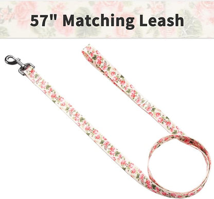 Ihoming Puppy Collar and Leash Set for Daily Outdoor Walking Running Training, Pink Flowers Design for Extra Small Boys Girls Dogs Cats Pets, XS-Up to 10LBS