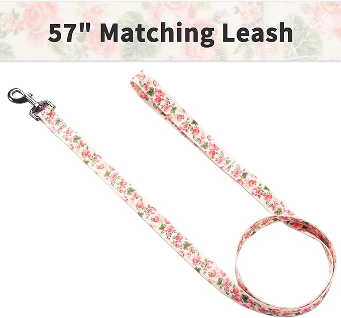 Ihoming Dog Collar and Leash Set for Daily Outdoor Walking Running Training, Pink Flowers Design for Medium Boys Girls Dogs Cats Pets, M-Up to 45LBS