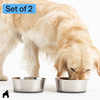GORILLA GRIP Dog Bowls, Food Grade 304 Stainless Steel, Holds 6 Cups Each (48 fl oz) Food and Water Bowl for Feeding Dogs and Cats, Dishwasher Safe, Rust Resistant, BPA Free Rubber Base Set of 2 Gray