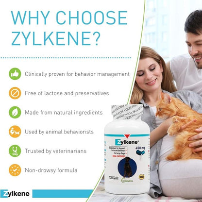 Vetoquinol Zylkene - Calming Support for Large Dogs 33–132 lb - Supports Behavior & Occasional Anxiety - Perfect for Boarding, Vet Visits & Celebrations - Non-Drowsy & Lactose-Free - 120 Capsules