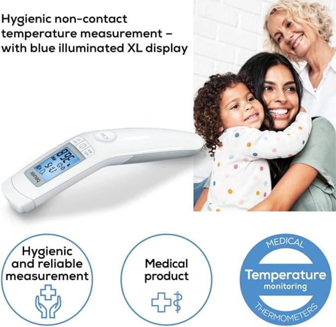 Beurer 3-in-1 Forehead Non-Contact, Body, Surface, Room Temperature, High Accuracy, Large Blue Backlit LCD Display Thermometer, 60 Memory Spaces, FT90 White, 32 Count (Pack of 1)