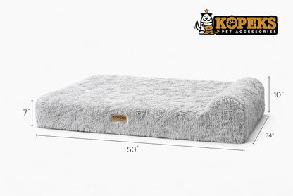 KOPEKS Orthopedic Memory Foam Dog Bed 7" Inch Thick Extra Large Dog Bed with Pillow Fluffy Grey 50"x34"x10" Includes Waterproof Liner & Durable Removable Cover with Smart Design