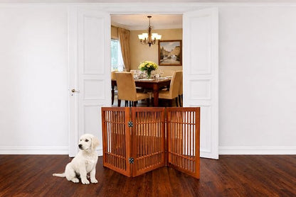 Urnporium Freestanding Wooden Dog Gate Foldable Indoor Pet Gate No Drill Expandable Barrier for Doorways Stairs Hallways Portable Wood Fence for Small Dogs & Puppies (Brown Pet Gate, 3 Panel 24" Tall)