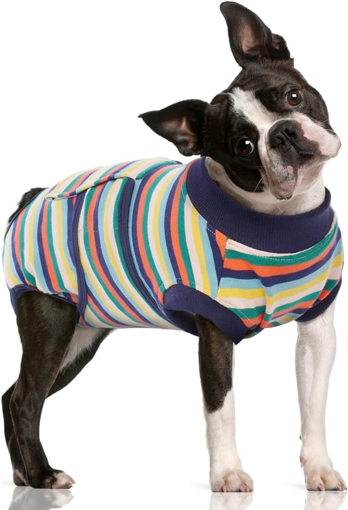 FUAMEY Recovery Suit for Dogs After Surgery,Soft Breathable Dog Bodysuit E-Collar & Cone Alternative Surgical Suit,Male Female Dog Neuter Spay Suits Anti Licking Wounds Onesie Dark Blue Stripes M