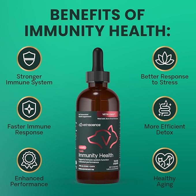 VetriScience DMG Immunity Health Easy-Dose Liquid, Immune Support Supplement for Dogs and Cats, Hypoallergenic, Support Performance, Stamina, Immune Response, (Dimethylglycine), 114 ml