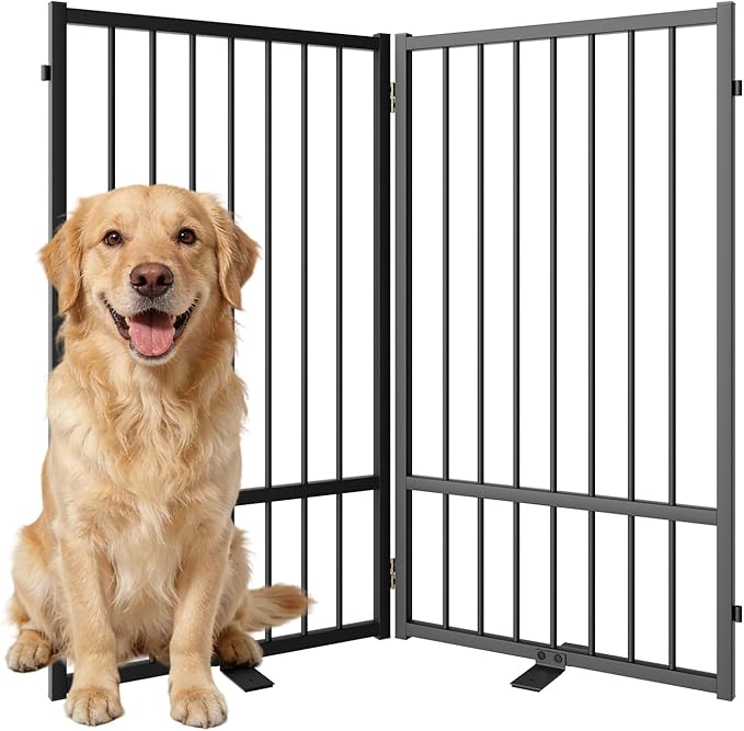 SNUOWU Full Metal Freestanding Dog Gate with Door, 36''Height Foldable Pet Dog Fence for Indoor & Outdoor, 2 Panels Extra Wide Free Standing TallDog Gates for Doorways,House,Stairs,Porch,Deck,Yard