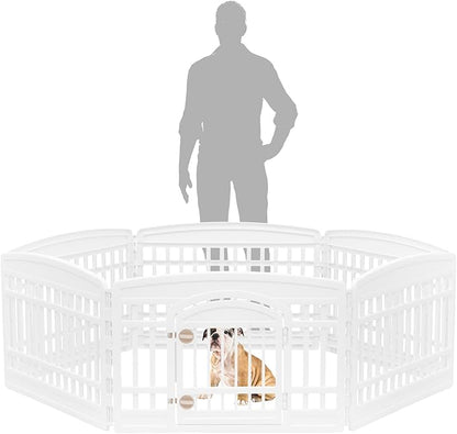 IRIS USA Dog Playpen with Door, 24” 6 Panel Pet Exercise Pen – Indoor Outdoor Puppy Play Pen, Portable Plastic Pet Fence for Small Medium Dogs, Foldable 61” x 61” x 24”, White