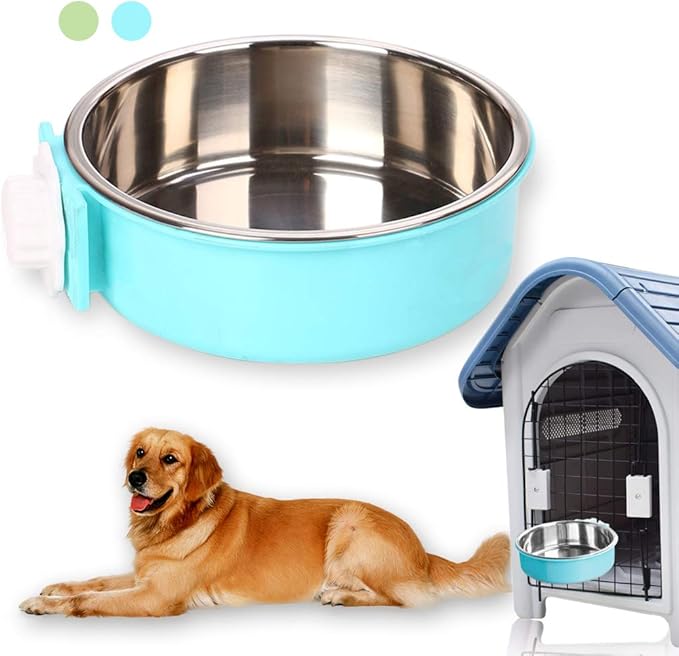 Pet Hanging Bowl 2-in-1 Removable Stainless Steel Food Hanging Bowl for Puppy/Cat, Andiker Pet Bowl Hanging Cage Large Water Food Feeder for Dogs Cats (Large, Blue)