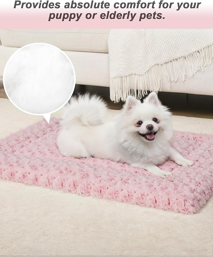 Washable Dog Bed Mat Crate Pad Soft Fluffy Pet Kennel Beds Dog Sleeping Mattress for Large Jumbo Medium Small Dogs, 35 x 22 Inch, Pink