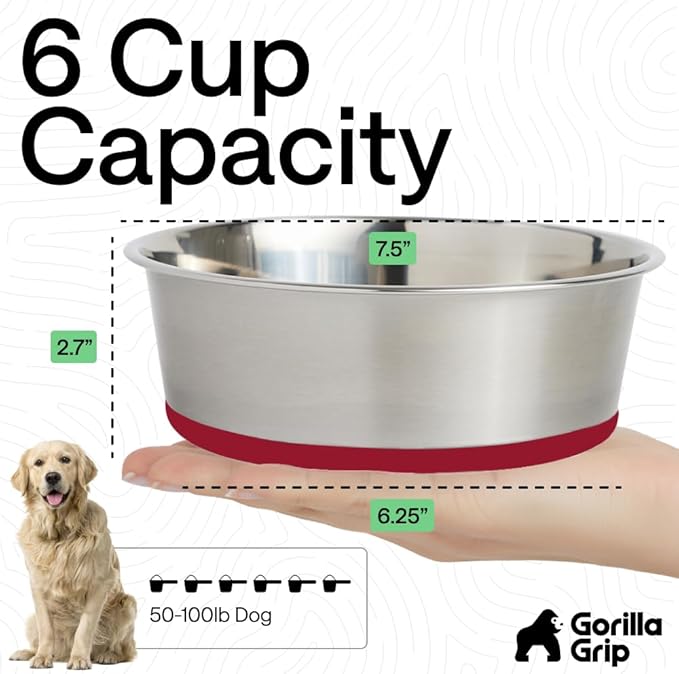 GORILLA GRIP Dog Bowls, Food Grade 304 Stainless Steel, Holds 6 Cups Each (48 fl oz) Food and Water Bowl for Feeding Dogs and Cats, Dishwasher Safe, Rust Resistant, BPA Free Rubber Base Set of 2 Red