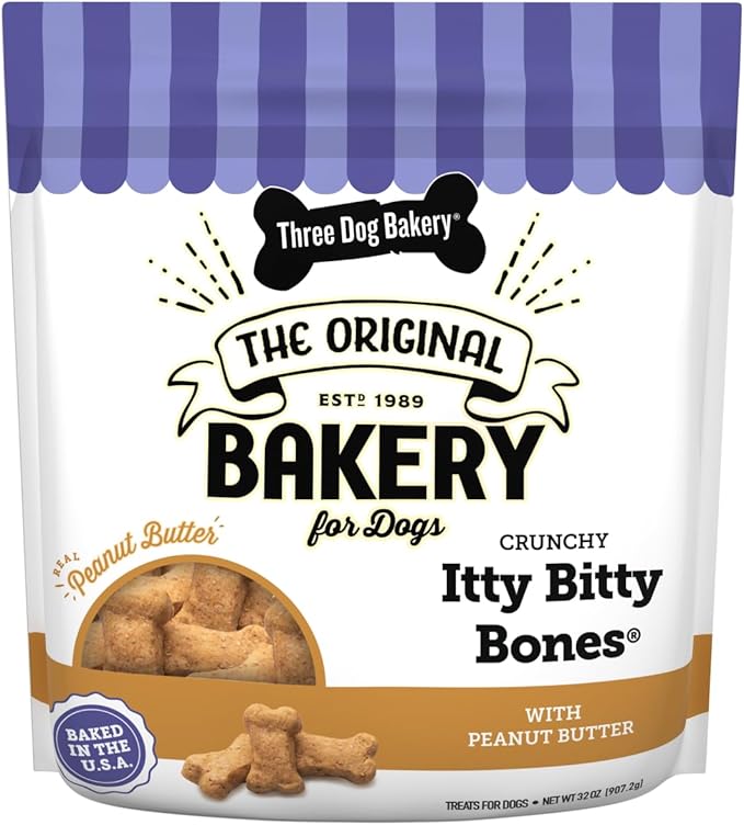 Three Dog Bakery Itty Bitty Bones Peanut Butter Dog Treats, 32oz - Crunchy Bones for Dog Training Treats, Real Peanut Butter Puppy Training Treats, Dog Bakery Treats