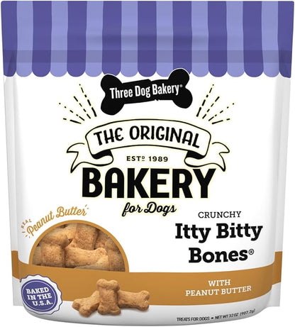 Three Dog Bakery Itty Bitty Bones Peanut Butter Dog Treats, 32oz - Crunchy Bones for Dog Training Treats, Real Peanut Butter Puppy Training Treats, Dog Bakery Treats