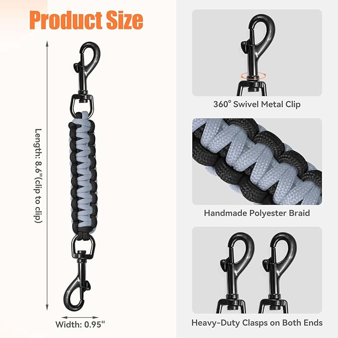 Dog Collar Safety Clip, Collar Companion, Handmade Backup Safety Strap, Double-Ended Clip Leash Connector, Suitable for Dog Harnesses, Prong, Pinch Collars (Black,Silver Gray, 1 Pack)