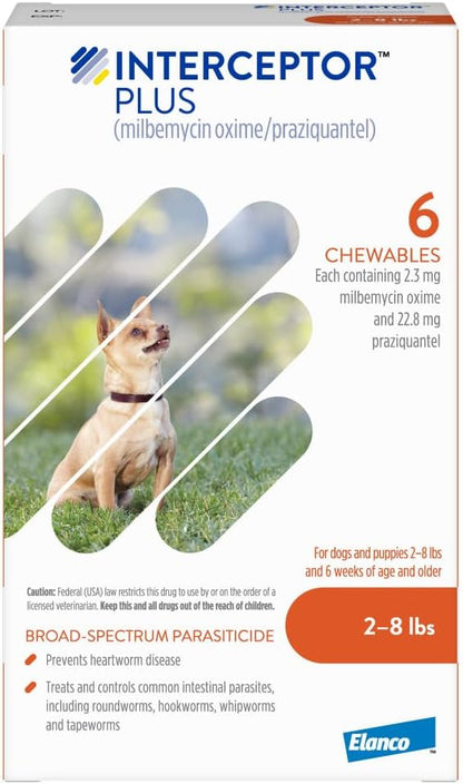 Interceptor Plus Prevention for Heartworm + 4 Other Worms for Dogs 2-8 lbs. | 6 Chews, 6-Month Supply