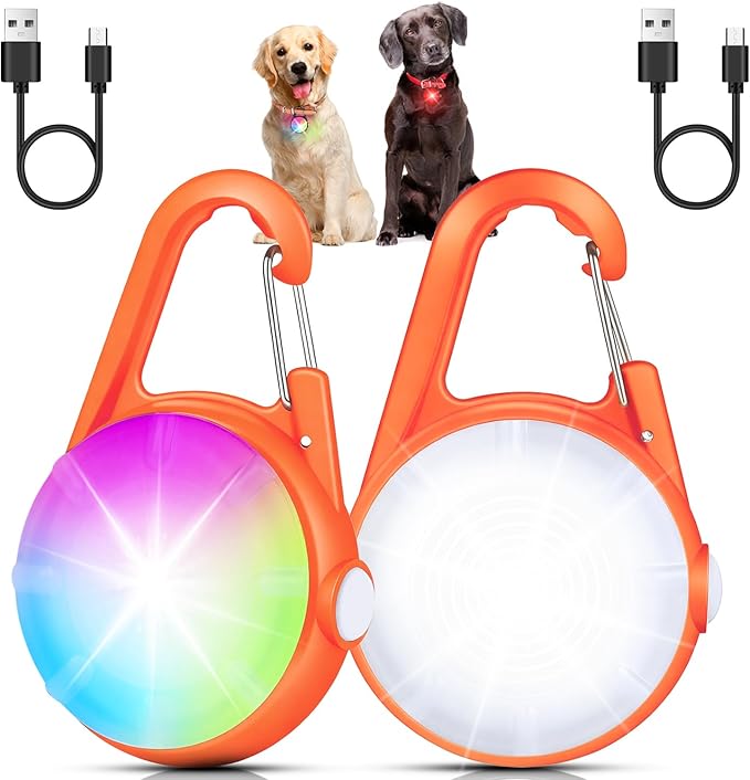 2 Pack Dog Collar Light, 4 Modes Clip On Dog Lights for Night Walking, Glow in The Dark LED Pet Collar Charm, Rechargeable Pet Camping Essentials for Nighttime Running, Cycling, Hiking(Orange)