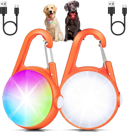 2 Pack Dog Collar Light, 4 Modes Clip On Dog Lights for Night Walking, Glow in The Dark LED Pet Collar Charm, Rechargeable Pet Camping Essentials for Nighttime Running, Cycling, Hiking(Orange)