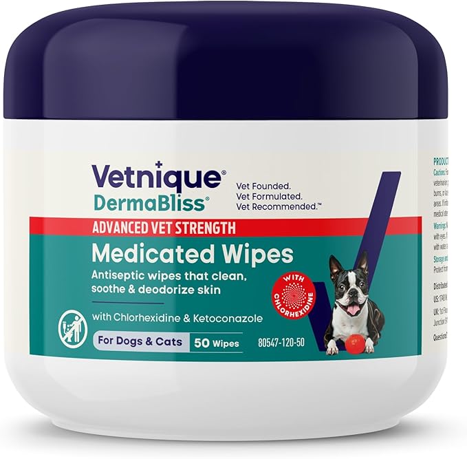 Vetnique Dermabliss Advanced Strength Medicated Antibacterial Wipes for Dogs with Chlorhexidine for Infections, Irritation & Redness Relief