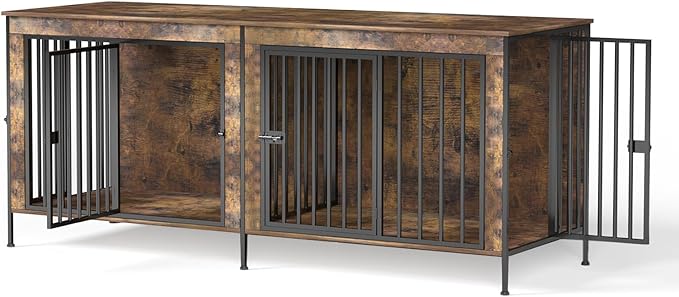 Dog Crate Furniture 78" Heavy Duty for 2 Large Dog, Sturdy Indoor Dog Kennel Table with 3 Doors, Elevated Robot Vacuum Friendly Base, Decorative Cage TV Stand & End Table, Rustic Brown
