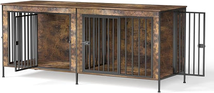 Dog Crate Furniture 78" Heavy Duty for 2 Large Dog, Sturdy Indoor Dog Kennel Table with 3 Doors, Elevated Robot Vacuum Friendly Base, Decorative Cage TV Stand & End Table, Rustic Brown