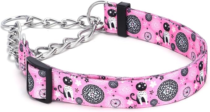 Martingale Dog Collar with Stainless Steel Chain - Limited Chain Cinch Training Collar for No Pull Training Dog - Flower Multicolor Cute Patterns - Premium No Slip Collar (HA12NO7, L)