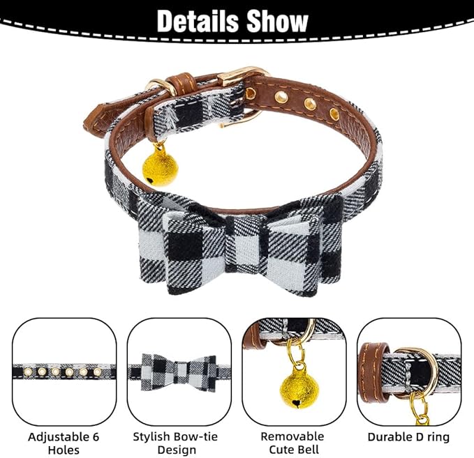 EXPAWLORER Dog Collar and Leash Set - Classic Plaid Dog Bow Tie and Dog Bandana Collar with Bell, Dog Leash Tangle Free, Adjustable Collars for Small Medium Large Dogs Cats, Holiday Ideal Gift