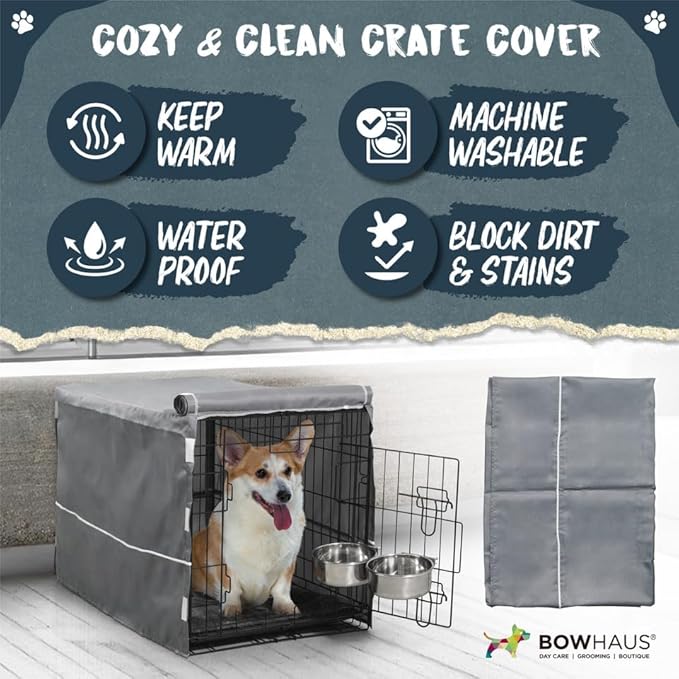 BOWHAUS 30-Inch Single Door Dog Crate Kit Includes Crate Cover, Dog Bed & 2 Bowls and Bowl Racks, Indoor Dog Cage Bundle Set, Foldable Wire Metal Dog Kennel w/Pan for Small, Medium Dog