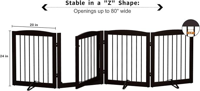 PUPETPO Freestanding Dog Gate with Door, Pet Gate for Stairs, 80 inch Wide Pet Barrier Indoor, Dog Fences Indoor, Support Feet Included, 4 Panels, 24" Tall, Dark Brown