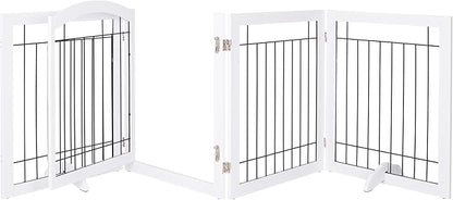 SPIRICH 96-inch Extra Wide 30-inches Tall Dog Gate with Door Walk Through, Freestanding Wire Pet Gate for The House, Doorway, Stairs, Pet Puppy Safety Fence, Support Feet Included (White)