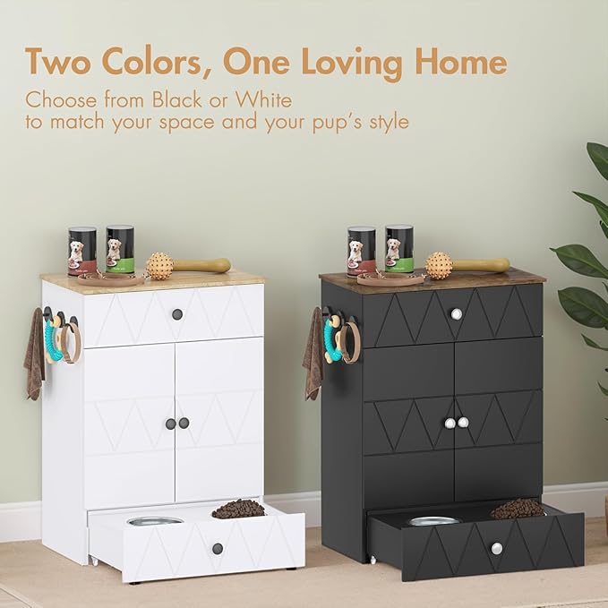 Pet Feeding Station with Storage, Raised Dog Bowls, Pet Feeder Cabinet, with Adjustable Shelves, Rolling Drawer, Hooks, for Feeding & Watering Supplies (Black)