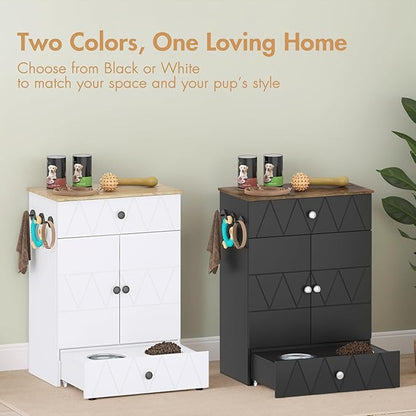 Pet Feeding Station with Storage, Raised Dog Bowls, Pet Feeder Cabinet, with Adjustable Shelves, Rolling Drawer, Hooks, for Feeding & Watering Supplies (Black)