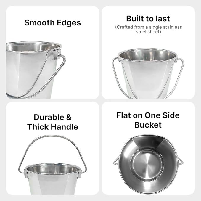 Heavy Duty Stainless Steel Bucket 2 Quart - Half Gallon Flat Side Metal Bucket for Feeding & Watering Pets, Livestock & Cleaning - Perfect for Crates, Kennels, Cages & Hang on Fences