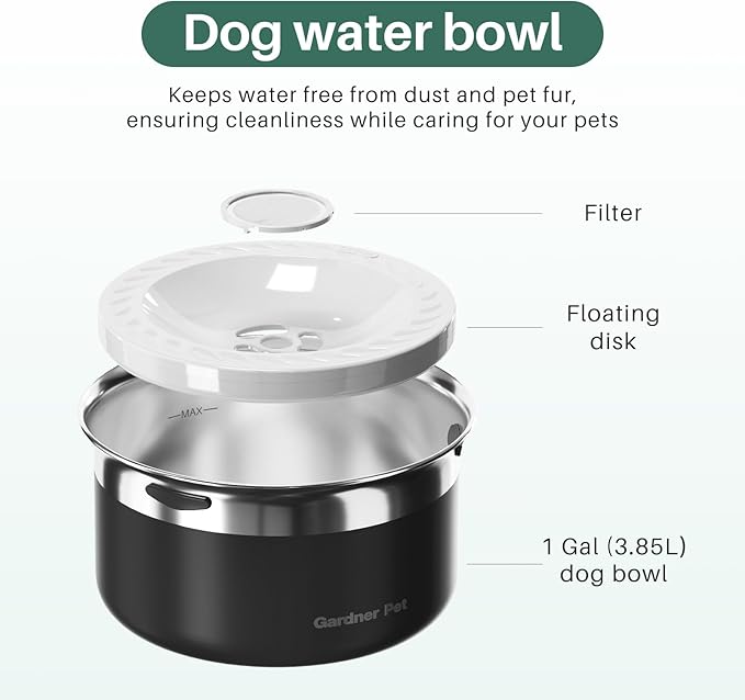 Gardner Pet Dog Bowls 1 Gallon (3.85L) Stainless Steel No Spill Water Bowl, Slow Water Feeder Metal Dog Bowls, Spill Proof Water Dispenser for Large Dogs, Promotes Healthy Hydration(Black)